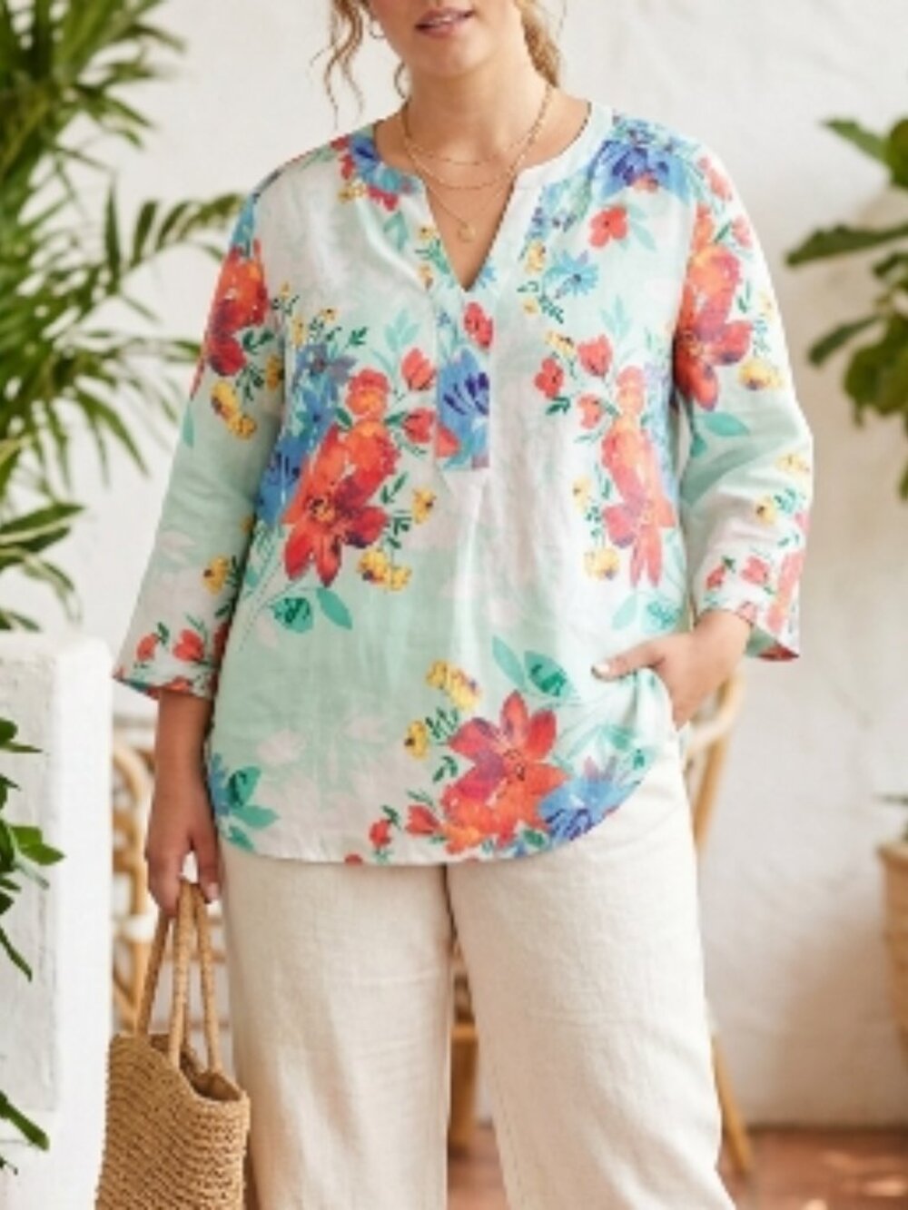 Van Heusen Mint Floral Linen-Blend Top Blouse Shirt L Boho Chic Resort Cruise